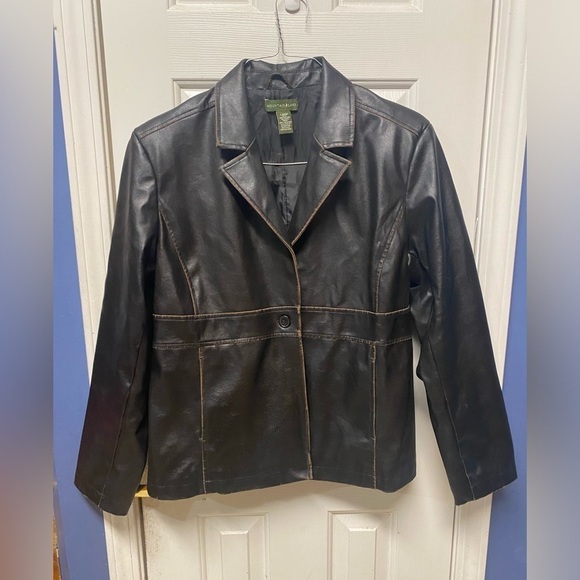 Mountain Lake Faux Leather Jacket Sz L Black with distressed Brown Trimmings - Picture 1 of 6